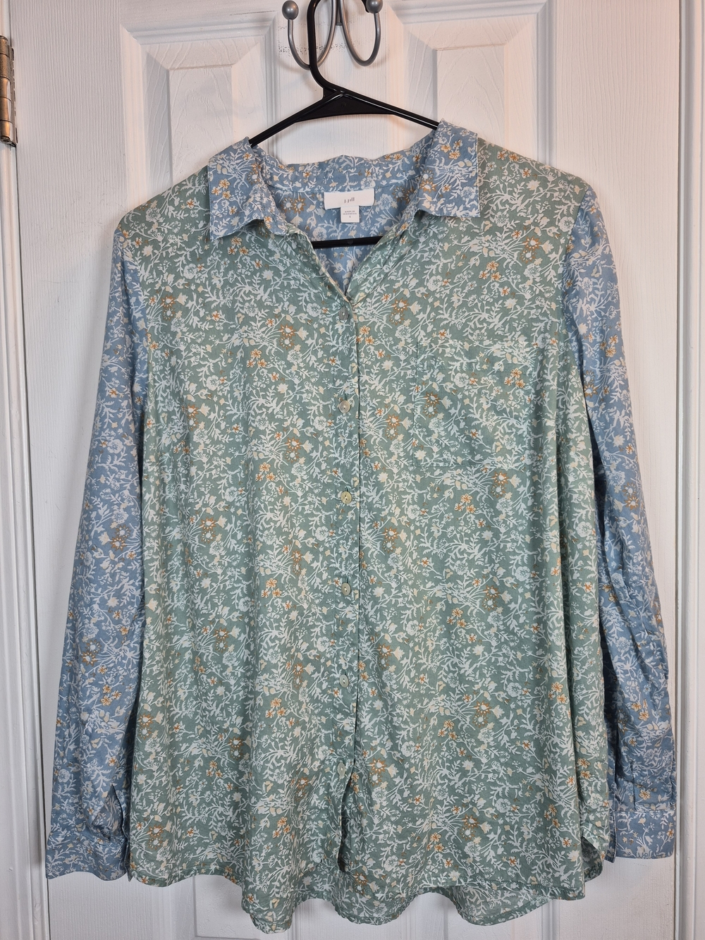 J. Jill Floral Mixed Print Button Down Shirt S Cottagecore Boho Sage Blue